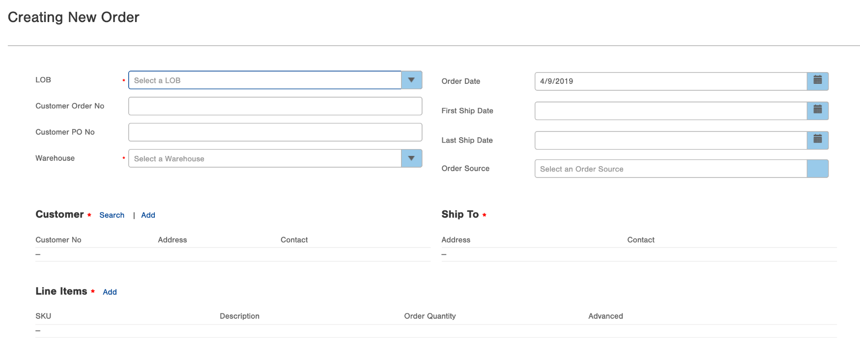 Create / Edit Orders